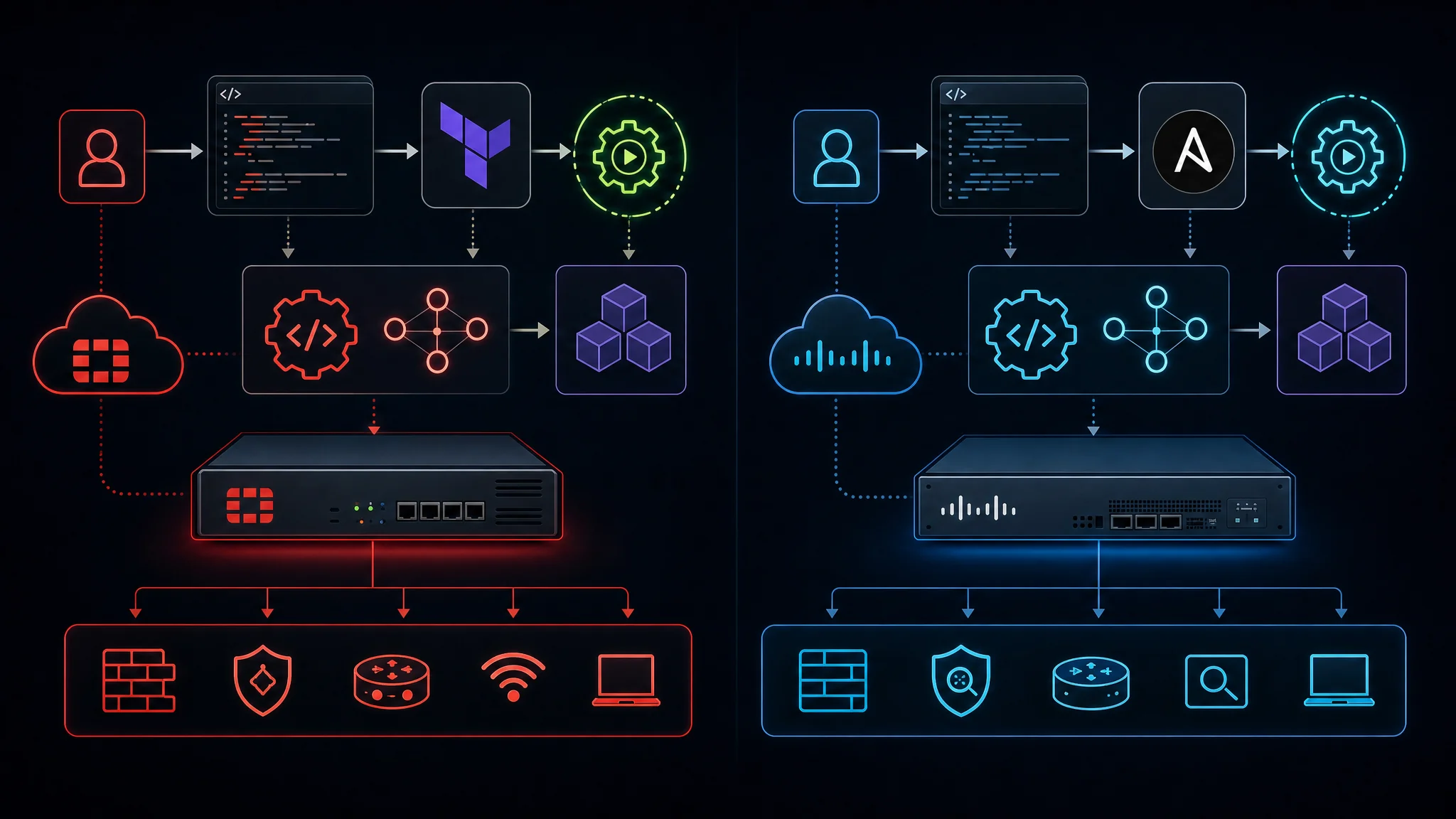 आरेख जो FortiGate REST API और Terraform ऑटोमेशन वर्कफ़्लो की तुलना Cisco Firepower Management Center API और Ansible मॉड्यूल के साथ नेटवर्क सुरक्षा इन्फ्रास्ट्रक्चर कोड के रूप में दिखाता है