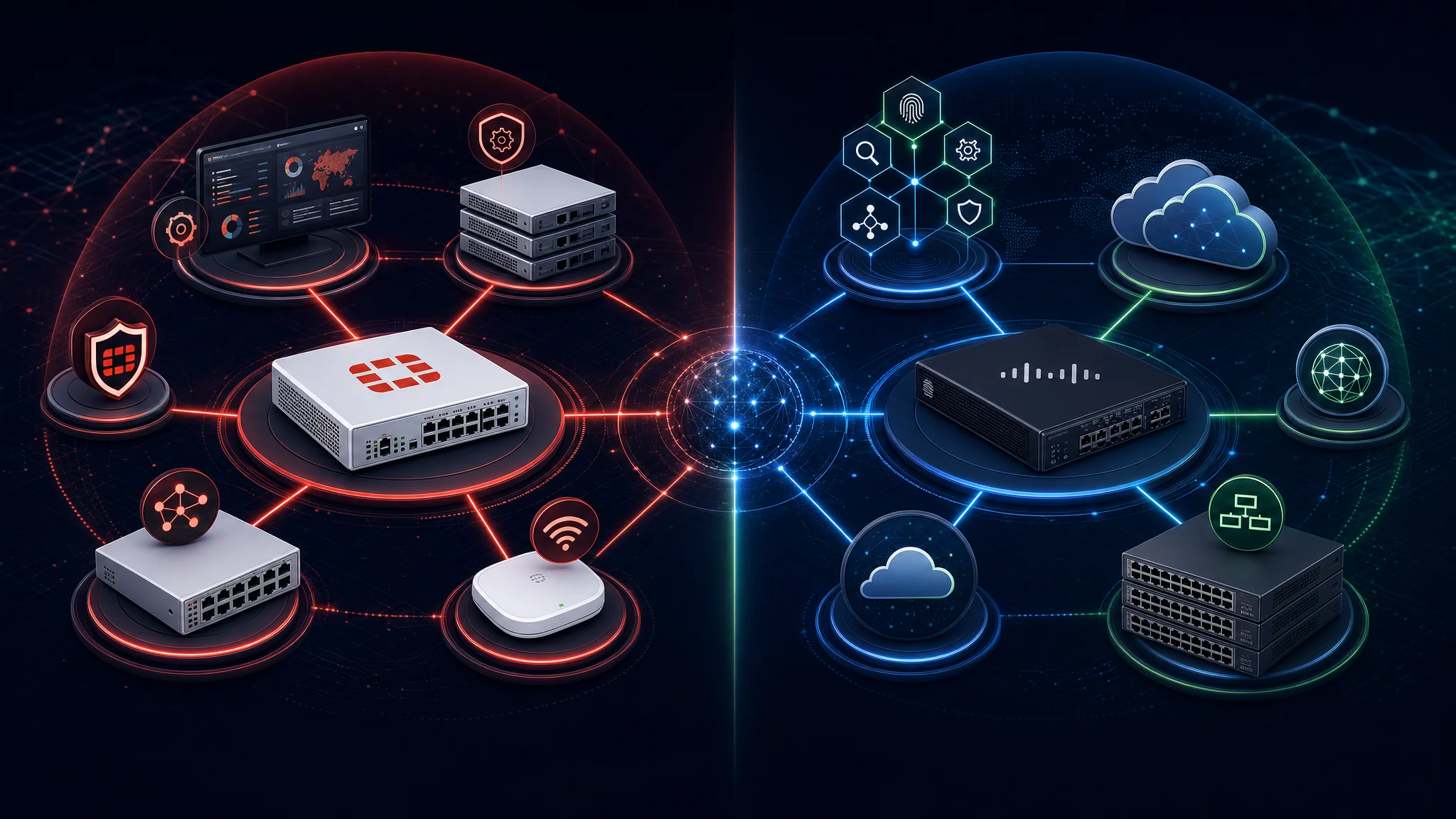 तुलना आरेख जो Fortinet Security Fabric उत्पाद पारिस्थितिकी तंत्र दिखाता है जिसमें FortiGate, FortiSwitch, FortiManager, और FortiAP शामिल हैं बनाम Cisco Secure पारिस्थितिकी तंत्र जिसमें Firepower, Catalyst, SecureX, और Umbrella शामिल हैं