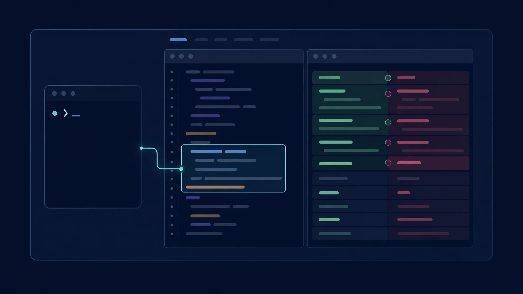 एक repository workspace में editor selection और side-by-side code diff से जुड़ा terminal prompt