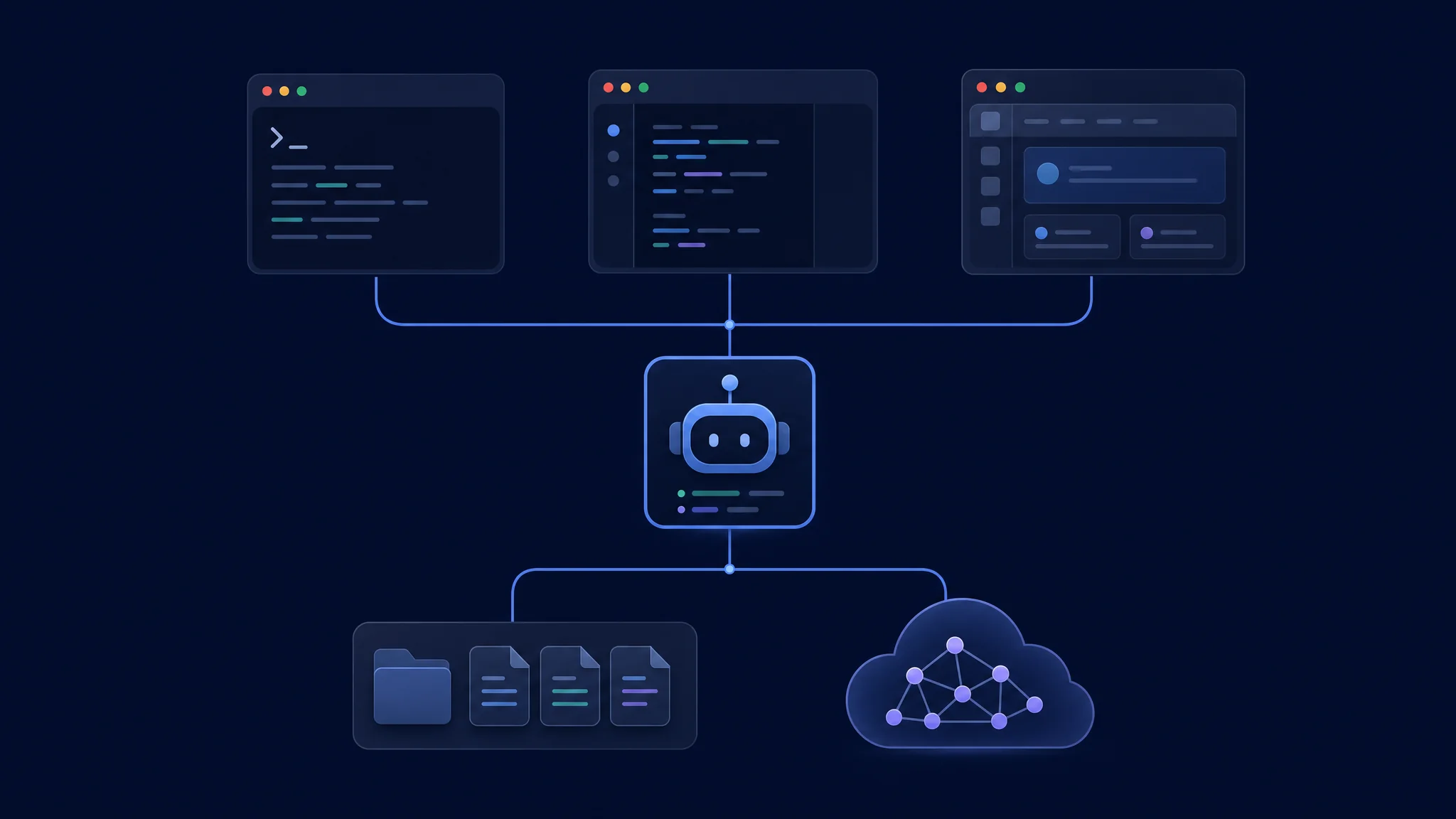 Agent server, repository files और अलग inference service से जुड़े terminal और desktop clients