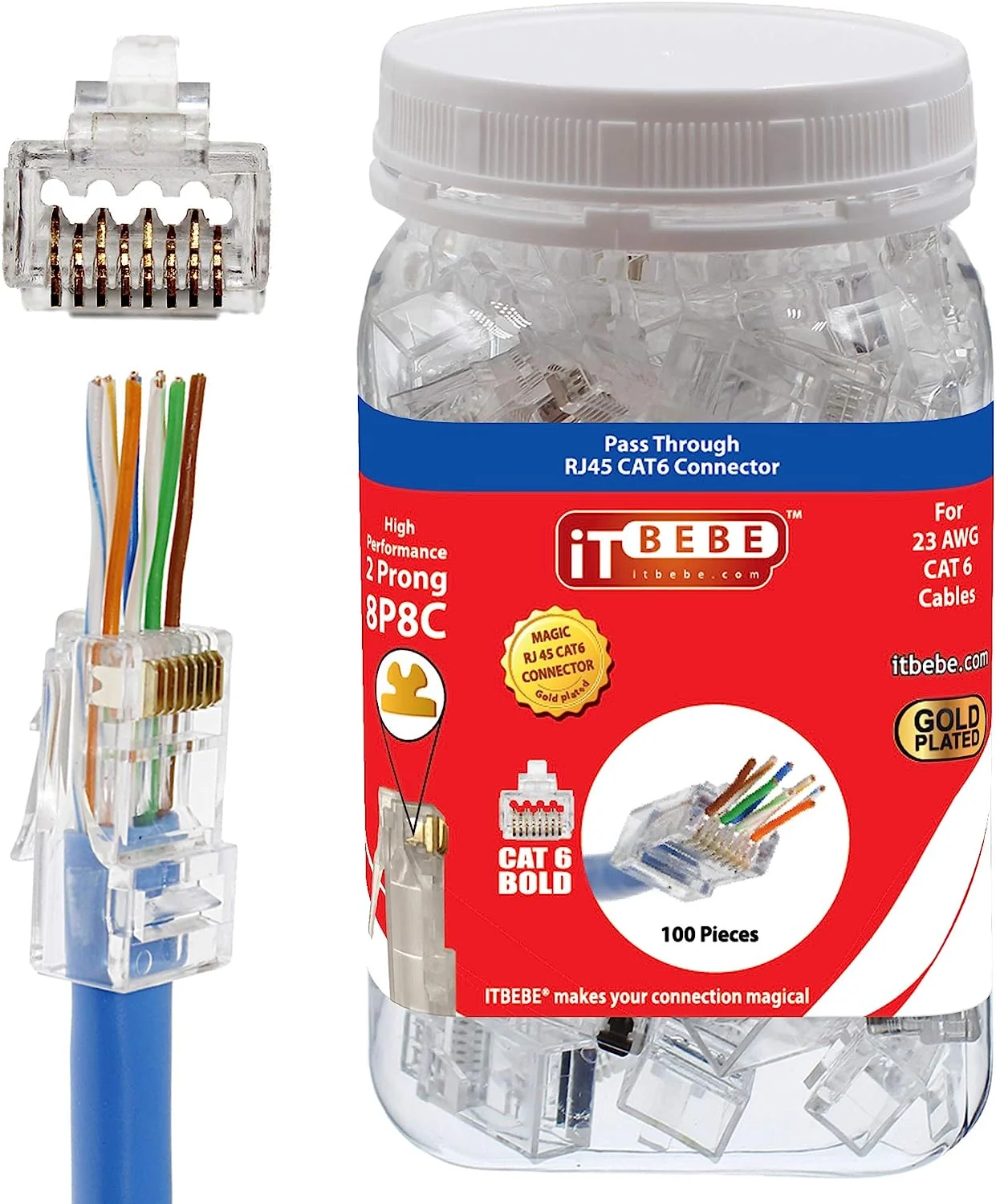 ITBEBE 50 पीस गोल्ड प्लेटेड एंड पास थ्रू RJ45 Cat6