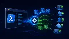 एक चित्र जिसमें एक स्टाइलिश PowerShell टर्मिनल है, जिसके चारों ओर अमूर्त प्रतीक हैं, जो कॉन्फ़िगरेशन प्रबंधन और स्वचालन का प्रतिनिधित्व करते हैं, गहरे नौसेना रंग की पृष्ठभूमि के खिलाफ।