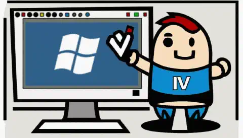 एक कार्टून चित्र जिसमें एक व्यक्ति USB स्टिक पकड़े हुए है जिस पर Windows लोगो और चेकमार्क है, और वह एक कंप्यूटर स्क्रीन के सामने खड़ा है जिस पर Windows लोगो है।