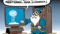 जमे हुए कंप्यूटर को ठीक करने के लिए जादू करने वाले जादूगर का कार्टून, जिसमें स्पीच बबल कह रहा है प्रॉब्लम सॉल्व्ड