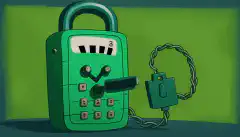 हरे रंग की स्क्रीन वाला एक कार्टून फोन और उस पर एक पैडलॉक, सुरक्षा और एन्क्रिप्शन का प्रतीक, DTMF टोन के साथ पृष्ठभूमि में दर्शाया गया है