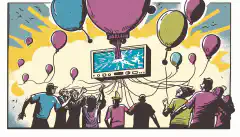 पृष्ठभूमि में लोरावन गेटवे और मिडिलमैन या चिरप स्टैक पैकेट मल्टीप्लेक्सर की छवि के साथ एक हीलियम गुब्बारे का शोषण करने वाले व्यक्तियों के एक समूह का एक कार्टून चित्रण।