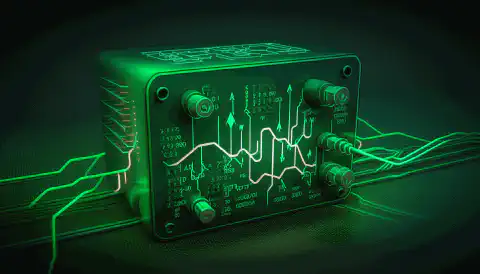 एक हरा, सर्किट बोर्ड एक बॉक्स के आकार का होता है जिसमें इंटरनेट कनेक्टिविटी के प्रतीक होते हैं जैसे कि तार जुड़े होते हैं।