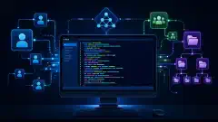 एक कंप्यूटर स्क्रीन का चित्र जिसमें PowerShell कंसोल रंगीन cmdlets के साथ दिख रहा है, जिसके चारों ओर उपयोगकर्ता खाते और समूहों के सारगर्भित प्रतिनिधित्व हैं, और पृष्ठभूमि गहरे रंग की है।
