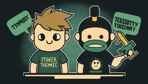एक एनिमेटेड छवि जिसमें दो पात्र हैं, एक HackTheBox Academy की शर्ट पहने हुए और दूसरा TryHackMe की शर्ट पहने हुए, प्रत्येक के सिर के ऊपर एक सोच बुलबुला है जिसमें उनके प्लेटफ़ॉर्म के लिए एक संबंधित प्रतीक है और दोनों पात्र एक संतुलित सी-सॉ पर खड़े हैं।