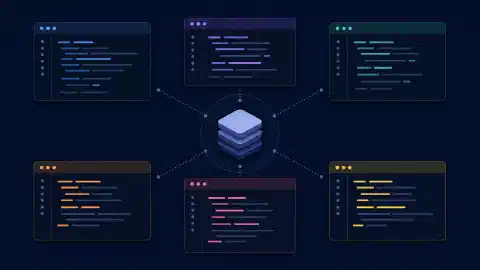 गहरे बैकग्राउंड पर संतुलित ग्रिड में repository प्रतीक के आसपास छह अमूर्त टर्मिनल विंडो