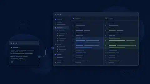 नीले और हरे coding workspace में editor selection और visual diff से जुड़ा terminal prompt