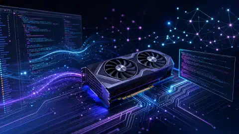 स्थानीय AI कोडिंग वातावरण का चित्र, जिसमें NVIDIA RTX 4060 Ti GPU गहरे बैकग्राउंड पर चमकती डेटा धाराओं और कोड अंशों से घिरा है।