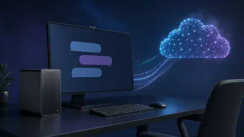 गहरे बैकग्राउंड पर एक डेस्कटॉप वर्कस्टेशन प्रकाशमान पथ से नेटवर्क बिंदुओं के अमूर्त बादल से जुड़ा है