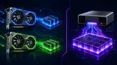 बाईं ओर दो NVIDIA RTX 5060 Ti ग्राफिक्स कार्ड और दाईं ओर NVIDIA GB10 सिस्टम का चित्र, दोनों गहरे और चमकीले रंगों वाले बैकग्राउंड पर दिखाए गए हैं।