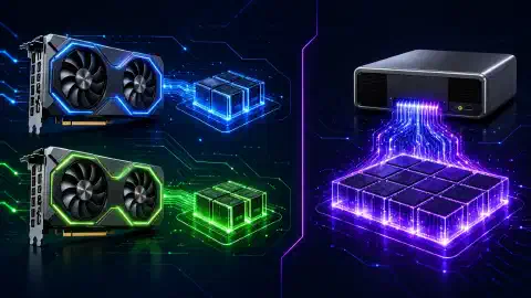 बाईं ओर दो NVIDIA RTX 5060 Ti ग्राफिक्स कार्ड और दाईं ओर NVIDIA GB10 सिस्टम का चित्र, दोनों गहरे और चमकीले रंगों वाले बैकग्राउंड पर दिखाए गए हैं।