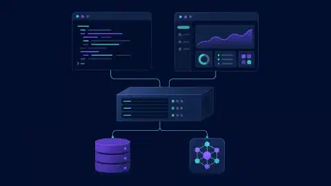 एक केंद्रीय server से जुड़े terminal और desktop clients तथा repository और inference के अलग प्रतीक