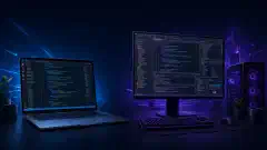 एक चित्र जिसमें एक लैपटॉप पर Visual Studio Code बाईं ओर और एक डेस्कटॉप पर Visual Studio दाईं ओर दिखाया गया है, जो एक डार्क बैकग्राउंड के खिलाफ सेट है। बाईं ओर रंगीन कोड स्निपेट्स हैं, जबकि दाईं ओर जटिल कोडिंग प्रोजेक्ट्स दिखाए गए हैं।
